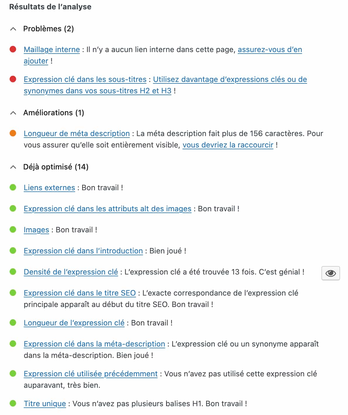 Analyse d'une requête Yoast SEO.