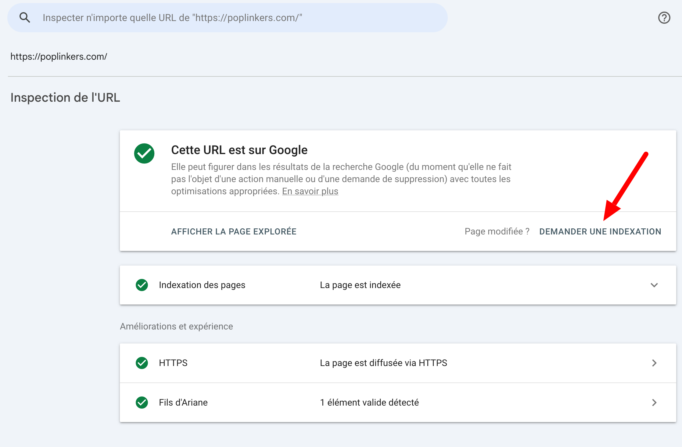 Demander une indexation sur la Google Search Console.