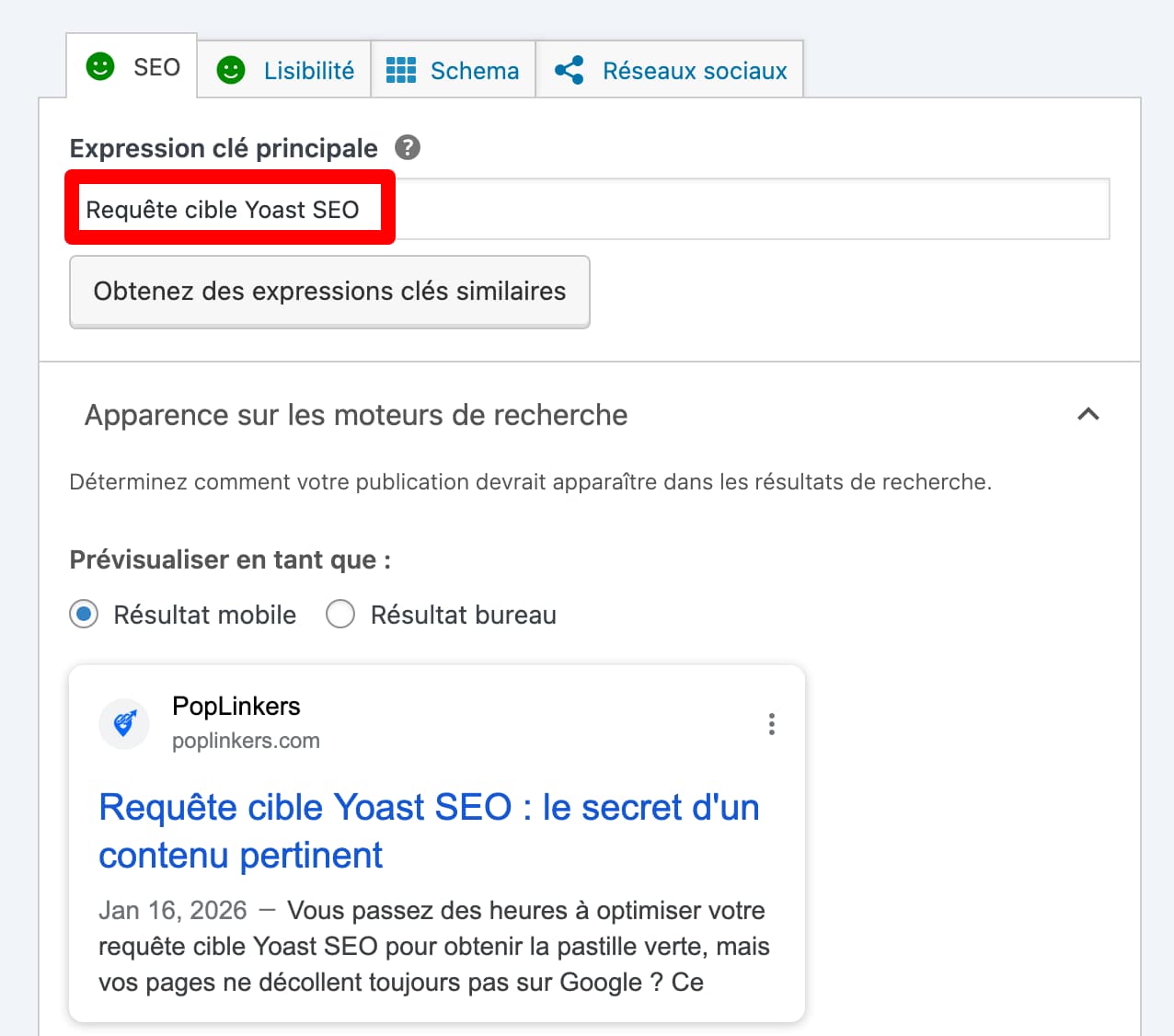 Affichage de la requête cible de Yoast SEO.
