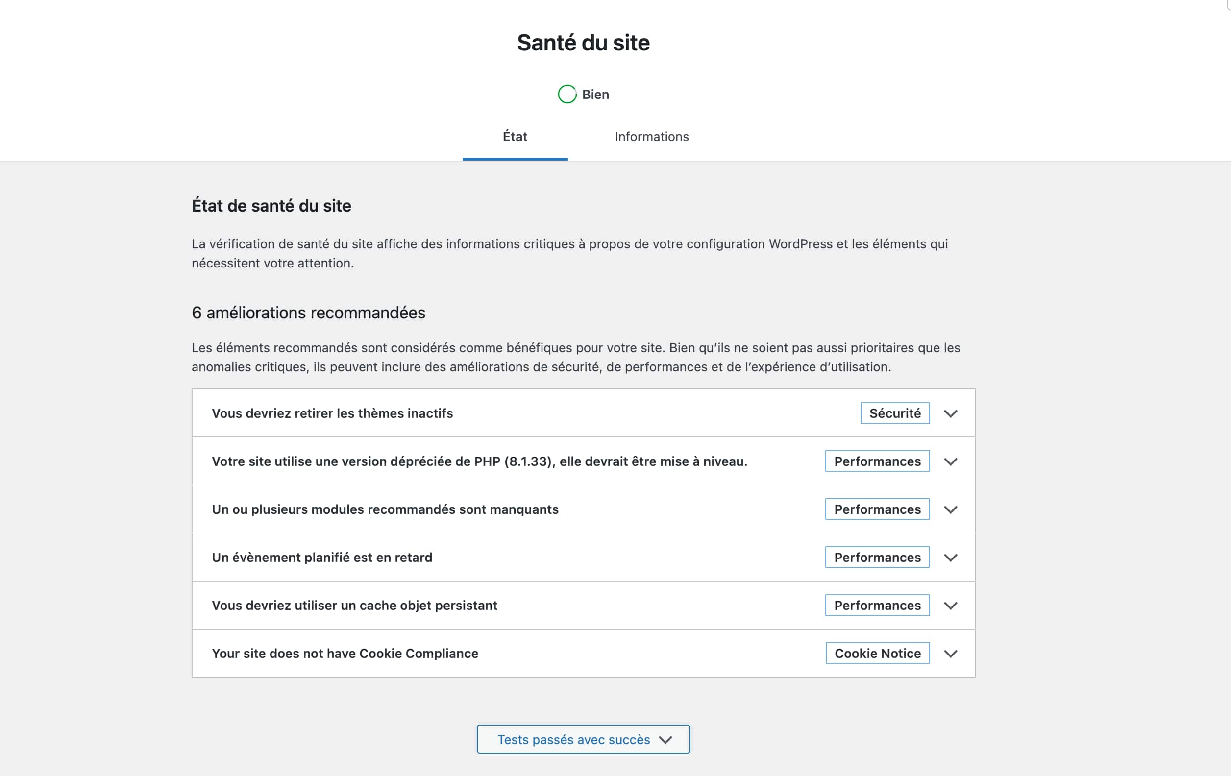Le menu Santé du site de WordPress.
