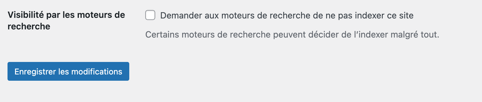 L'encart Visibilité par les moteurs de recherche de WordPress.