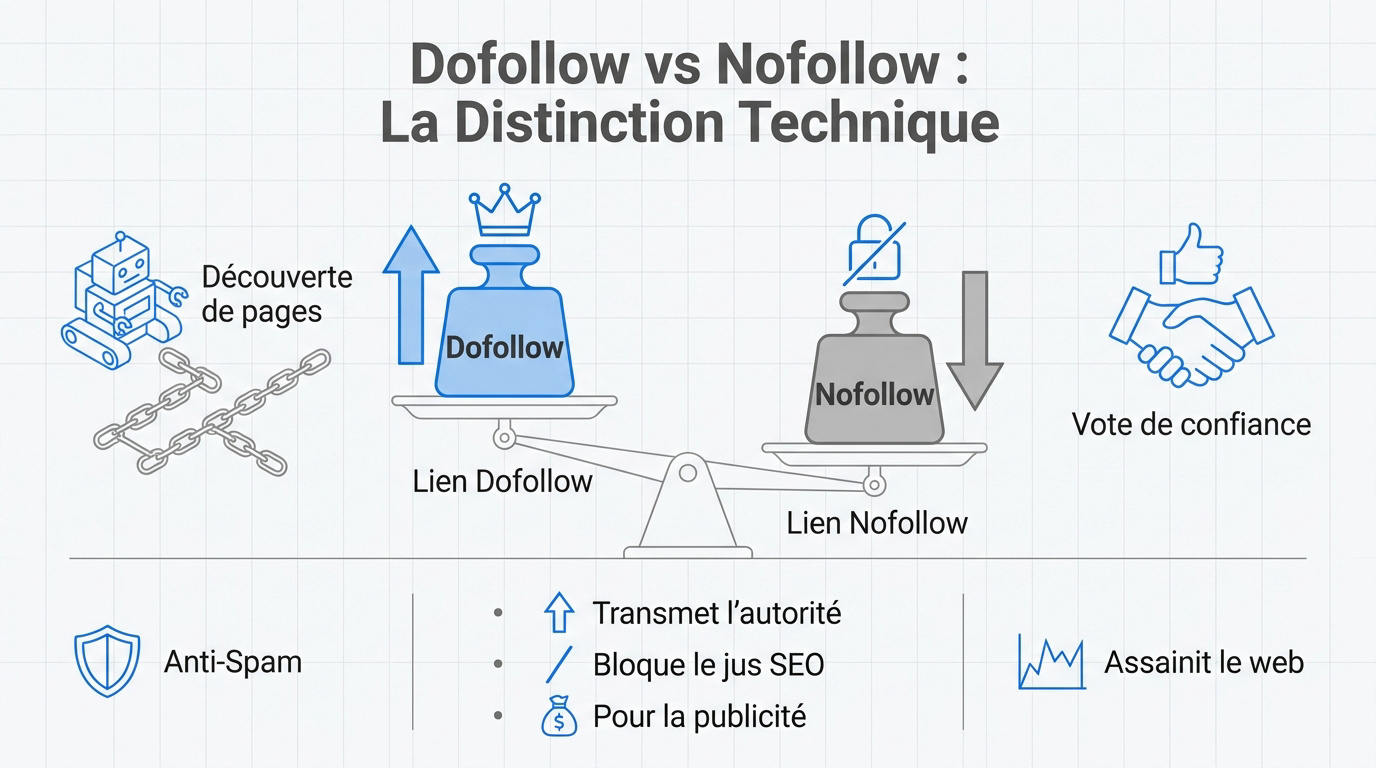 Schéma explicatif des différences techniques entre les liens dofollow et nofollow pour le SEO