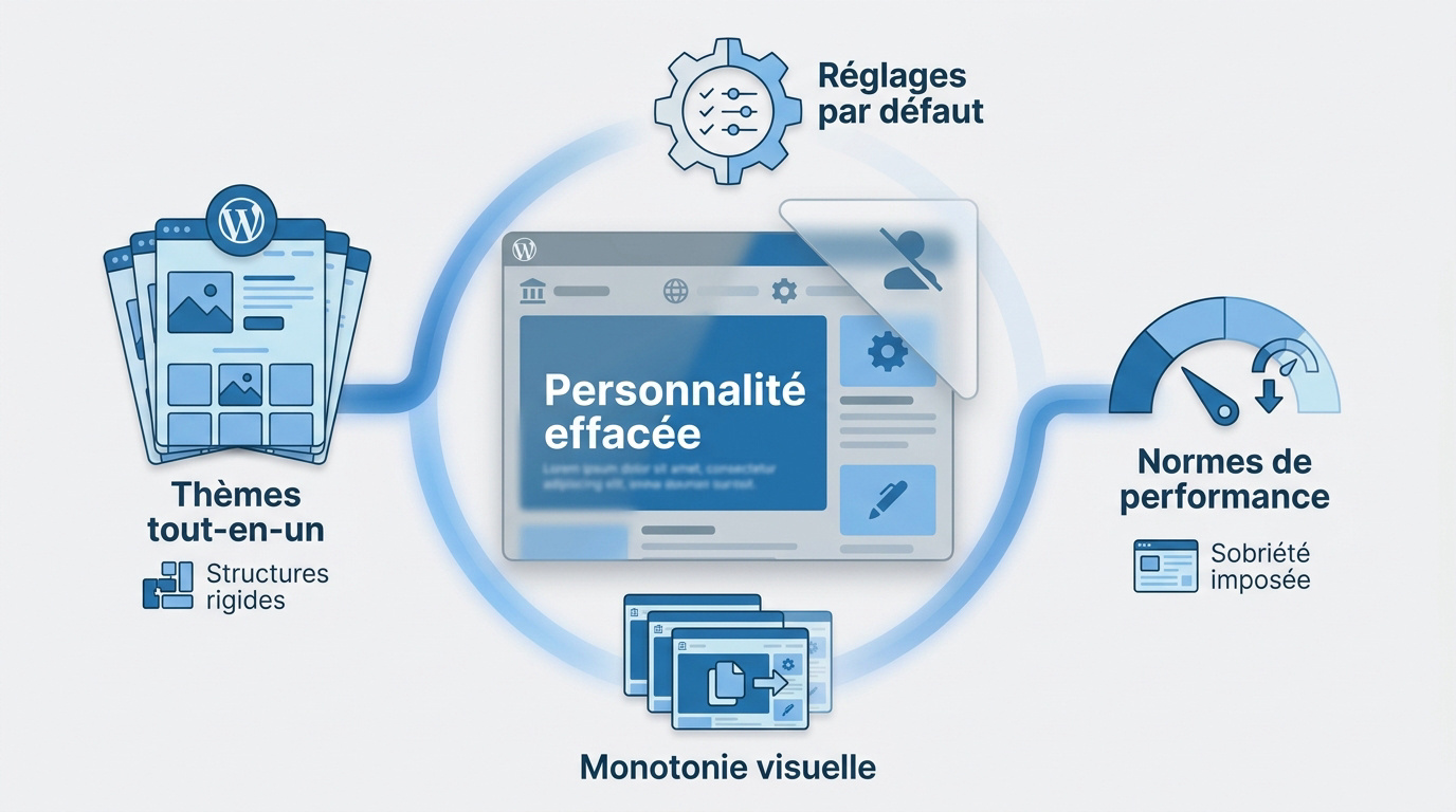 Illustration de l'uniformisation visuelle des blogs WordPress et de la perte d'identité graphique