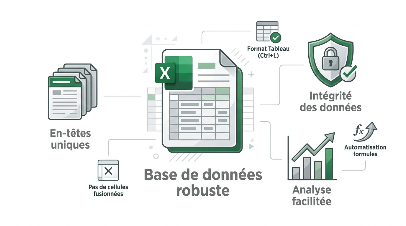 Organisation visuelle d'une base de données structurée dans Excel avec en-têtes clairs
