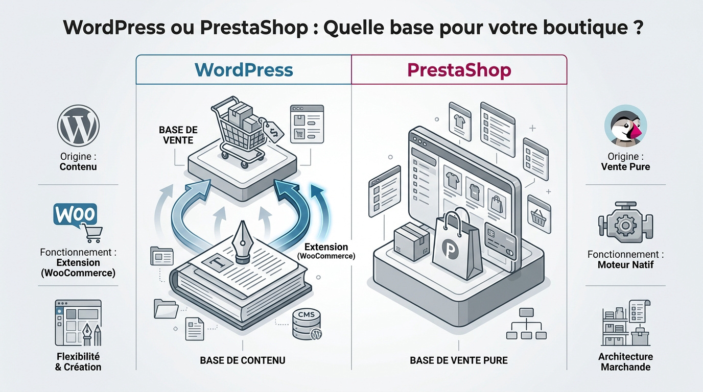 Comparatif entre les logos de WordPress et PrestaShop pour le e-commerce