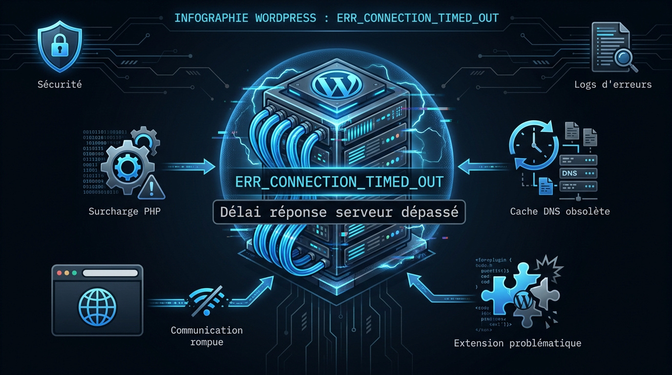 Infographie expliquant les causes de l'erreur ERR_CONNECTION_TIMED_OUT sur WordPress