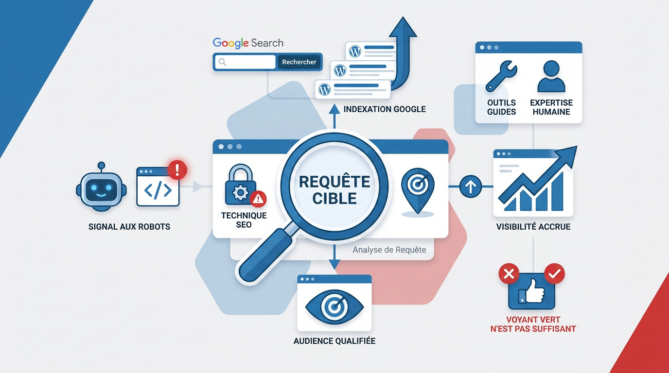Infographie expliquant le passage de la requête cible à la visibilité sur Google