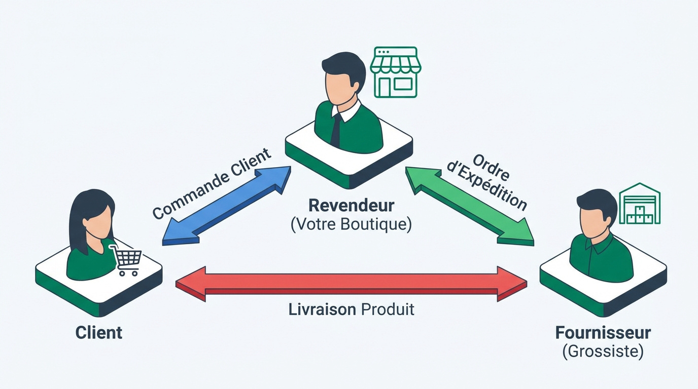 Schéma explicatif du fonctionnement tripartite du dropshipping entre client, revendeur et fournisseur