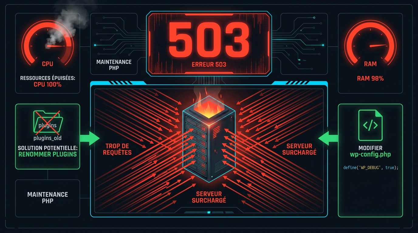 Illustration d'un serveur informatique surchargé affichant une erreur 503