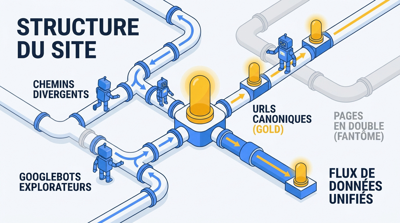 Illustration isométrique de la structure technique d'un site web et de ses URL