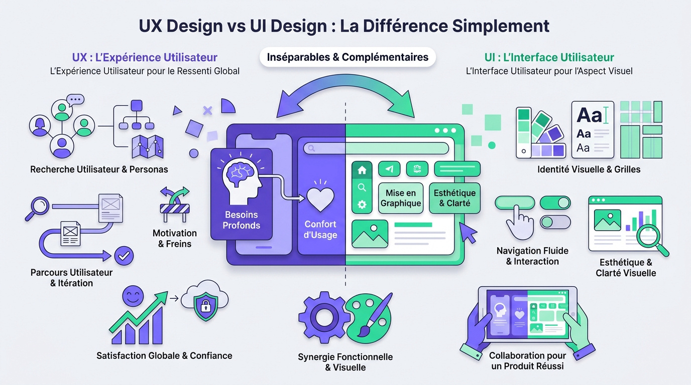 Comparaison entre le design UX centré sur l'expérience et le design UI centré sur l'interface visuelle