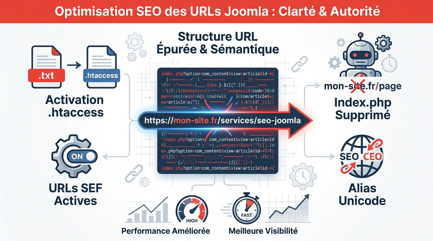 Interface de configuration Joomla pour l'optimisation des URLs et du fichier htaccess