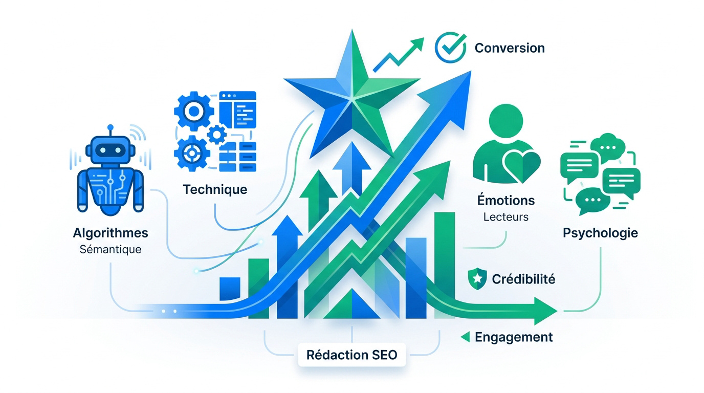 Schéma illustrant la synergie entre optimisation technique SEO et psychologie des émotions pour la visibilité web